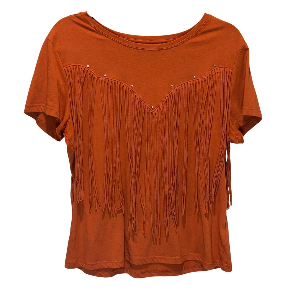 Idyllwind Burnt Orange Short Sleeve Fringe Accent Tee - size Large